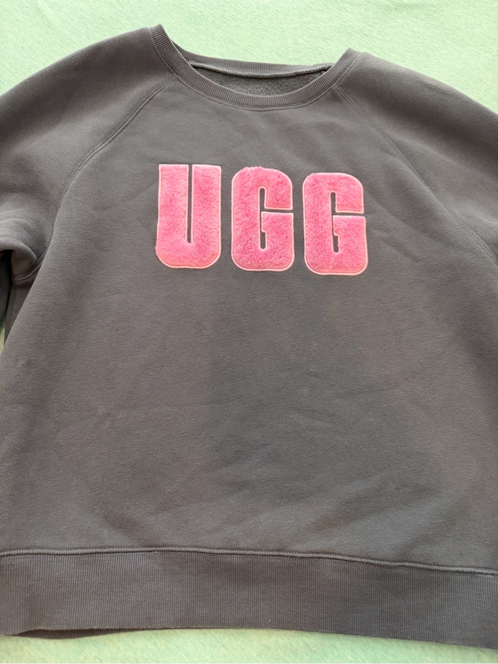 UGG RTW Women’s Medium Gray Crewneck Sweatshirt featuring a Pink Sherpa Logo